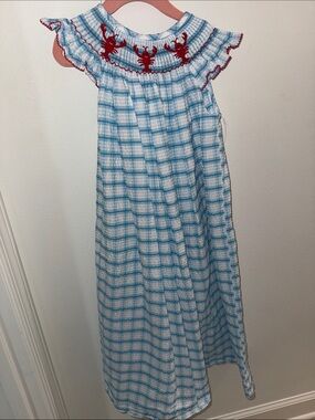 Girls Blue Plaid Dress with Red Lobster Embroidery